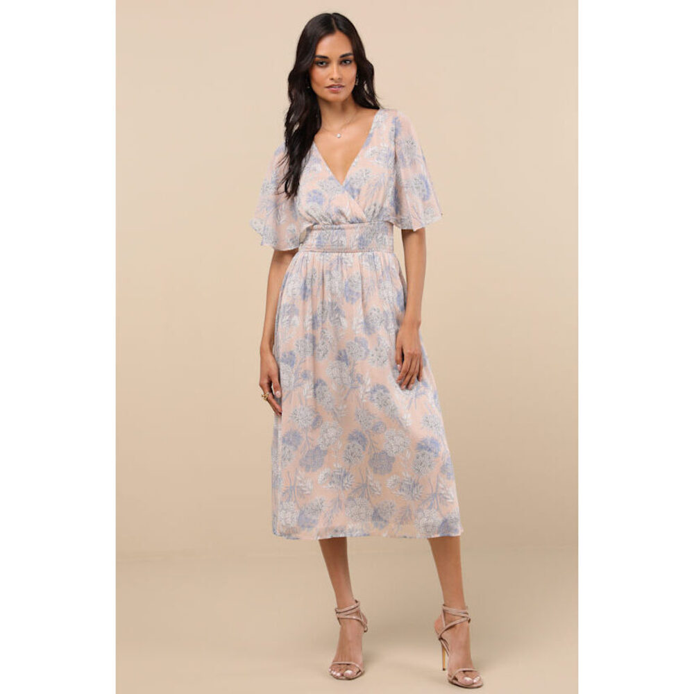 Lulus Subtle Romance Beige Floral Print Ruffled Midi Dress - Size L